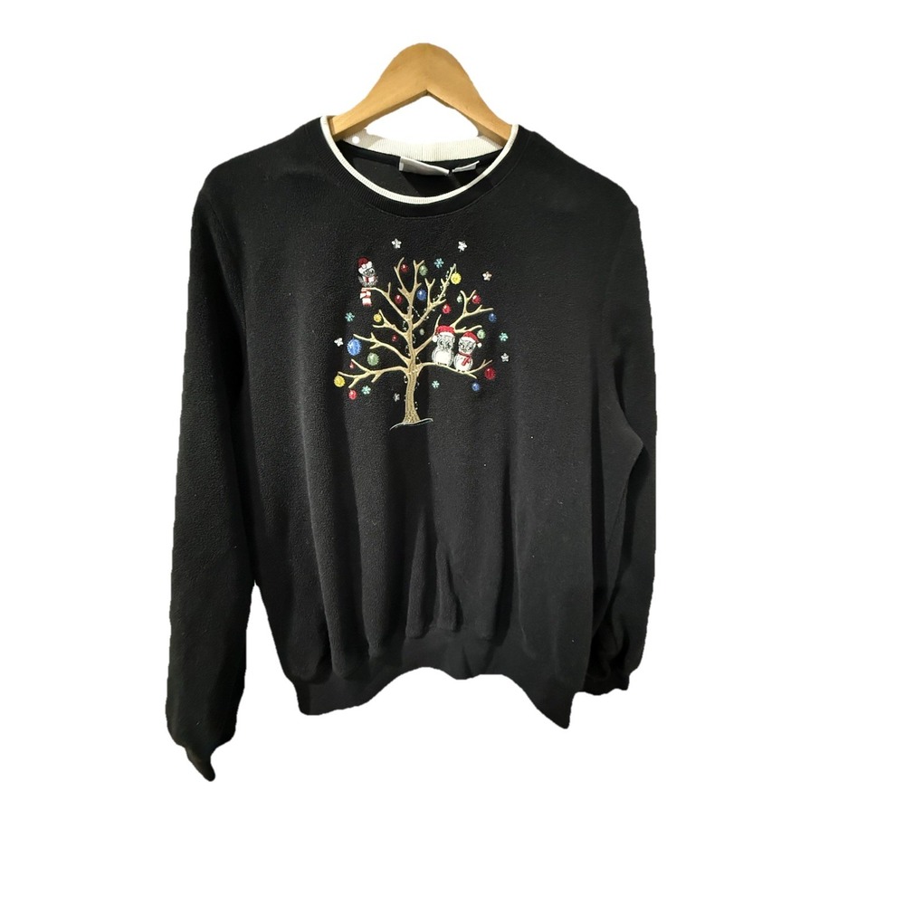 Vtg Alfred‎ Dunner Fleece Embroidered Owl Crew Neck Sz L Christmas Tree Xmas